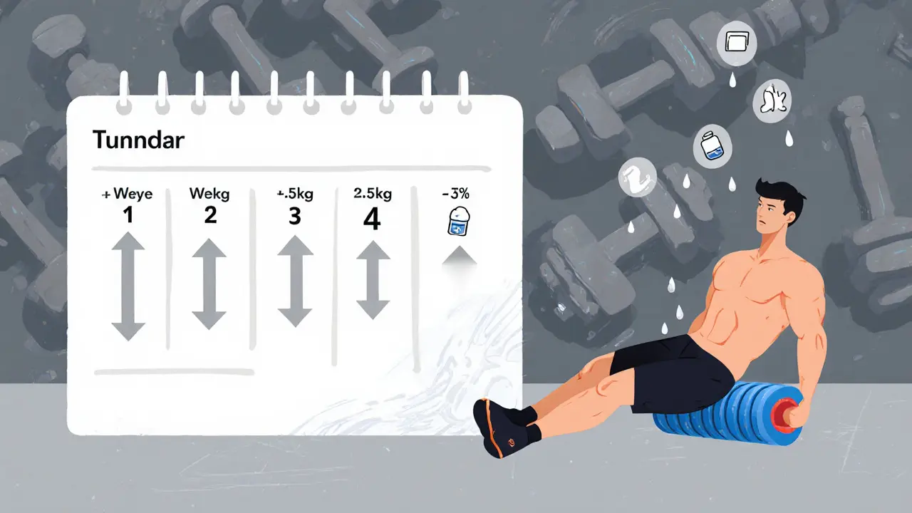 Календарь тренировок: три недели роста веса, затем неделя восстановления.