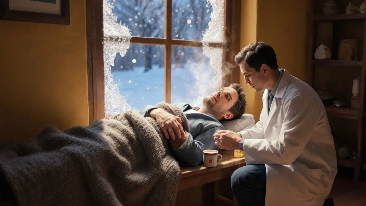 Медик осматривает руку человека, укутанного в одеяло, рядом стоит горячий напиток.