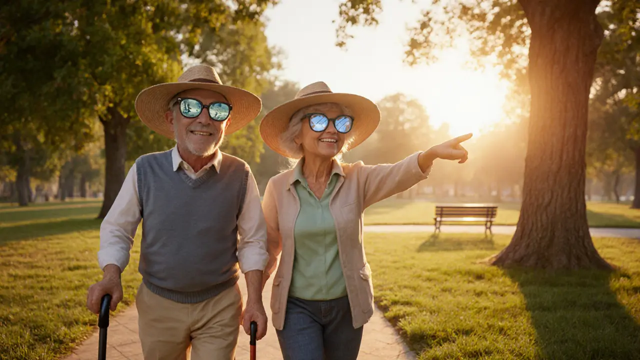 Пожилая пара гуляет в парке на закате, в очках от солнца, внутри глаз — прозрачные искусственные линзы.