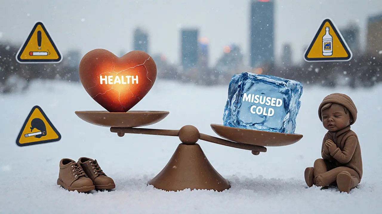 Весы с сердцем здоровья и треснувшим куском льда, вокруг — предупреждающие символы.