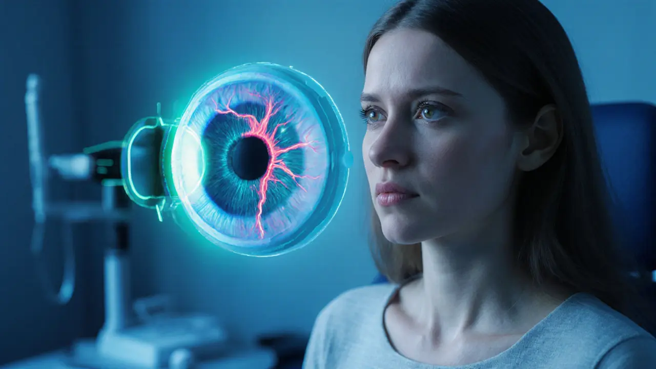 Женщина в кабинете офтальмолога, рядом с ней — схема повреждённого зрительного нерва и скан ОКТ.