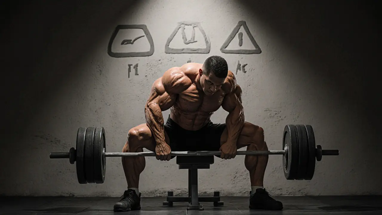 Атлет жмёт штангу лёжа с хватом 81 см, ноги упёрты в пол, техника безупречна.