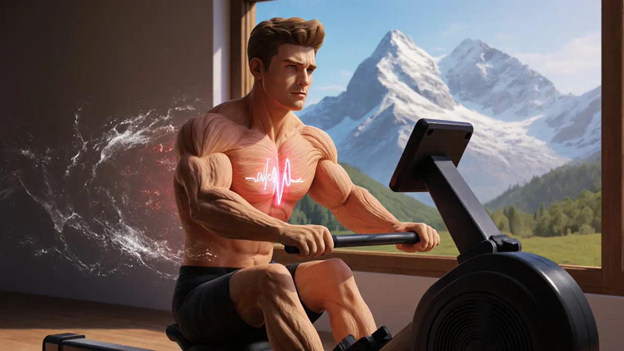 Человек гребет на гребном тренажере с виртуальным пейзажем за окном.