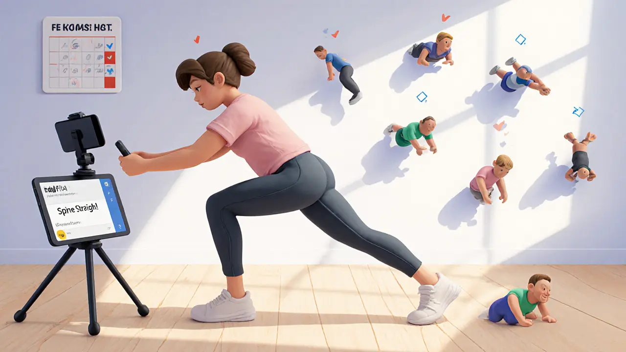 Человек снимает себя на телефон во время бёрпи, на экране — обратная связь от приложения FitAI.