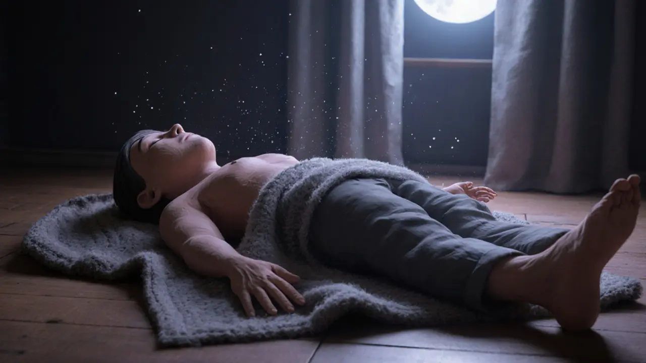 Человек в позе трупа на полу, полностью расслабленный, мягкий лунный свет.