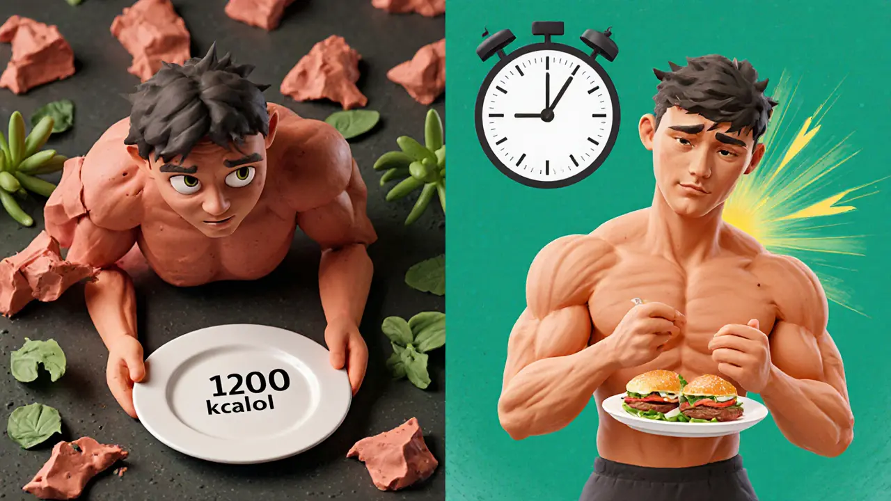 Контраст: усталый человек с низкокалорийной тарелкой против энергичного с правильным питанием.