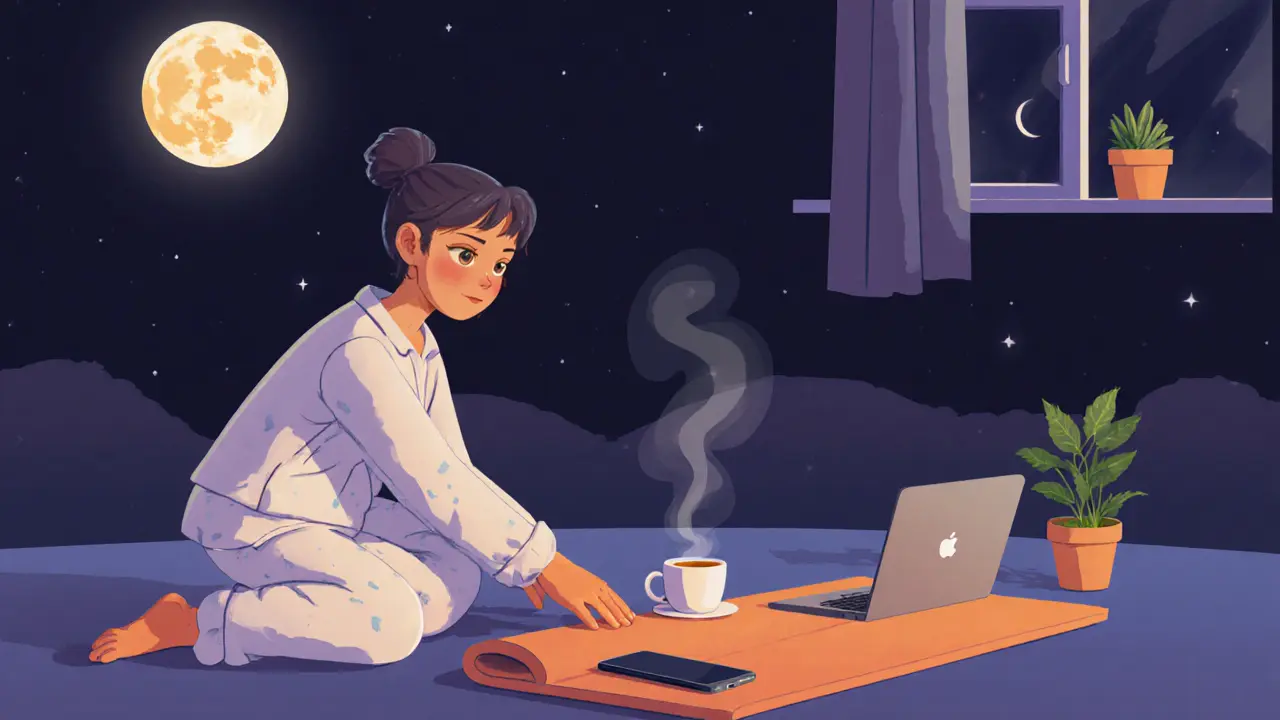 Ночной ритуал: коврик для йоги, выключенный телефон и чашка чая перед сном.