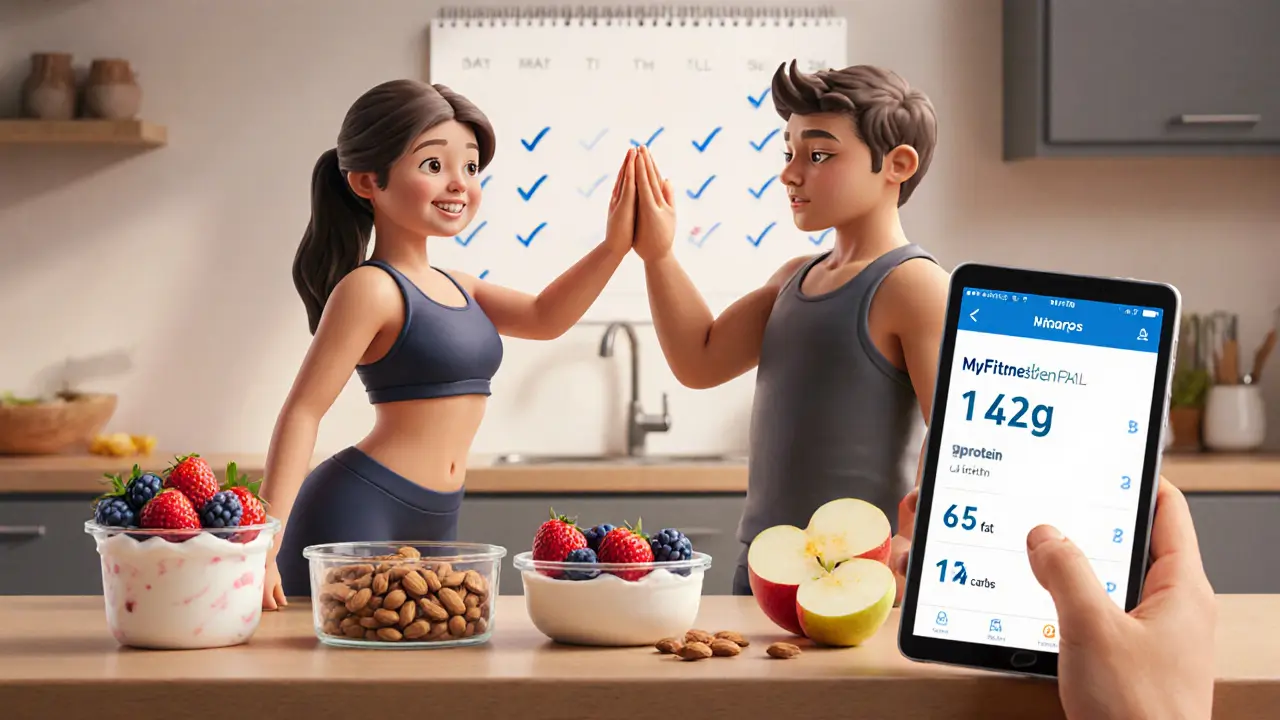 Пара готовит порционные приемы пищи с маркированными контейнерами и приложением для подсчета калорий.