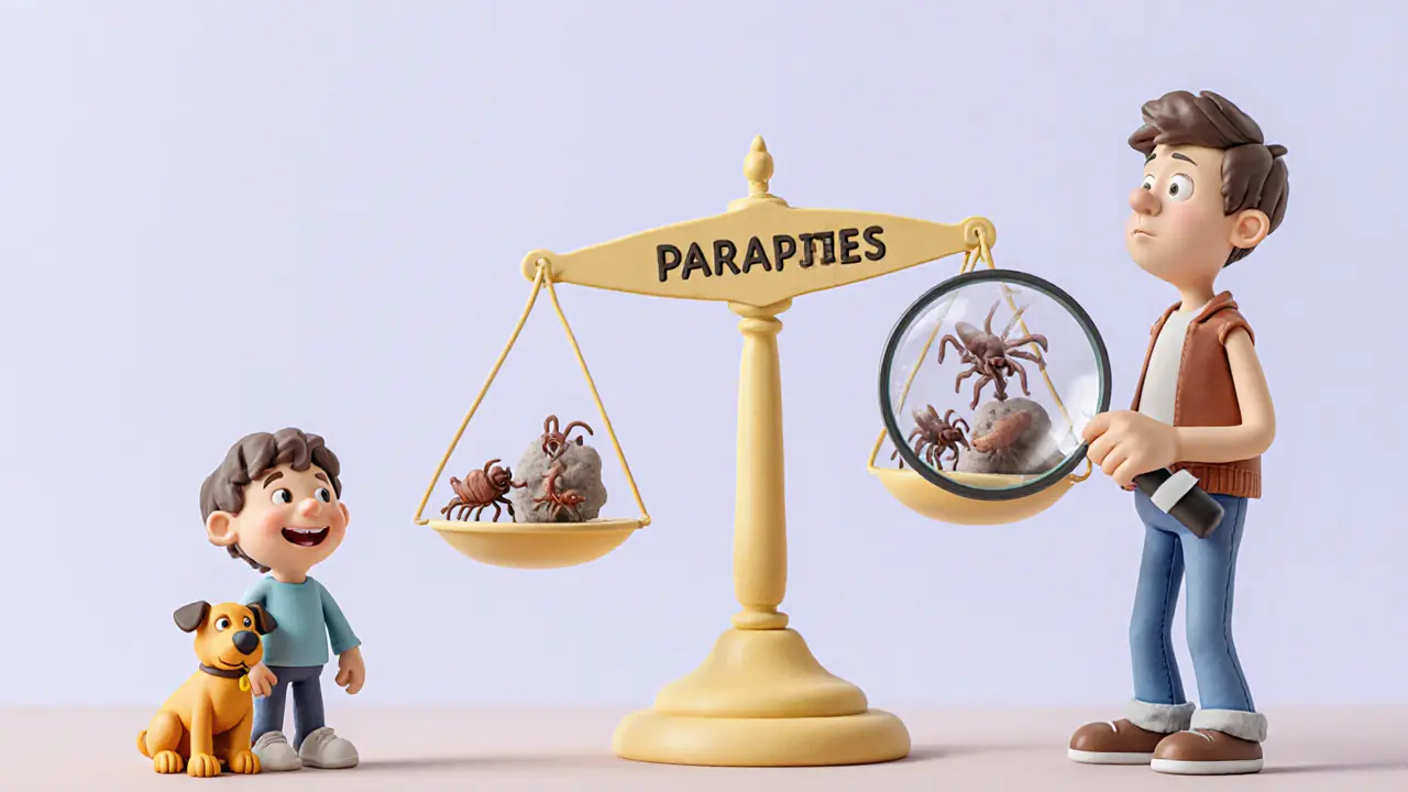 Ребёнок и взрослый с одинаковым уровнем IgE: один спокоен, другой тревожится, за ними — паразиты и аллергены.