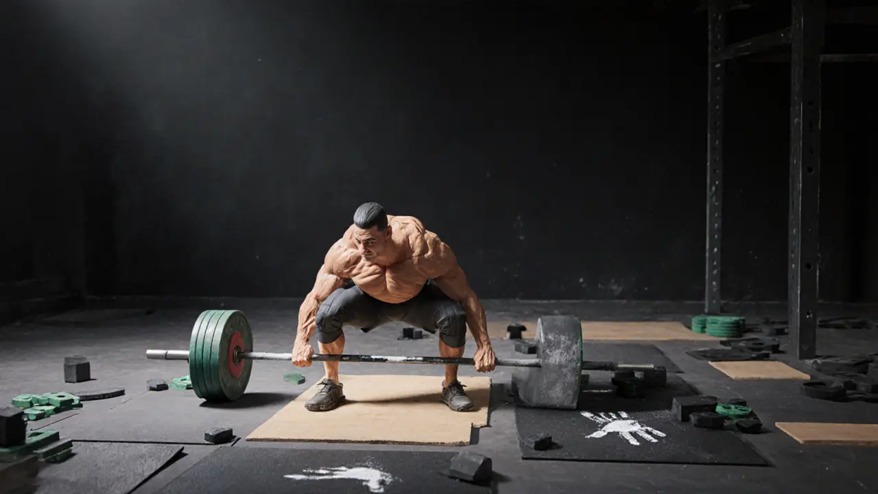 Спортсмен выполняет становую тягу с прямой спиной и штангой, идущей вдоль ног.