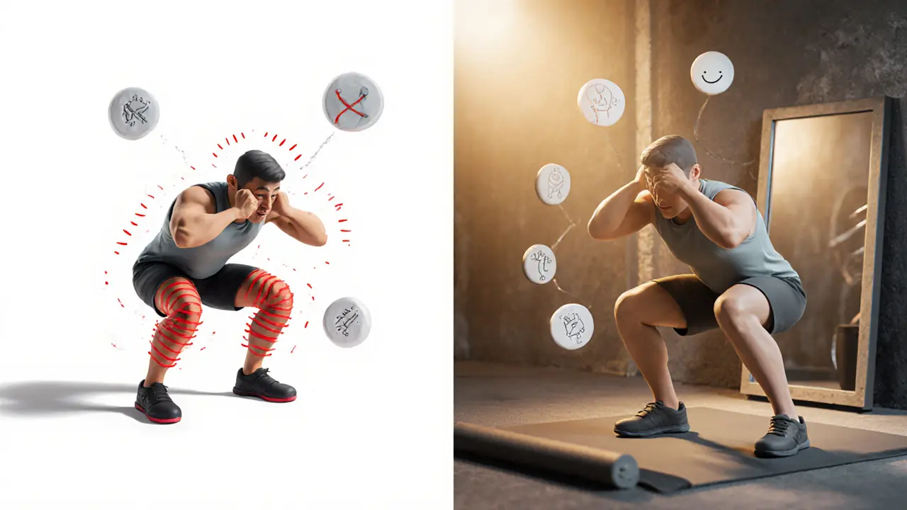 Сравнение неправильной и правильной техники приседаний с визуальными подсказками прогресса.