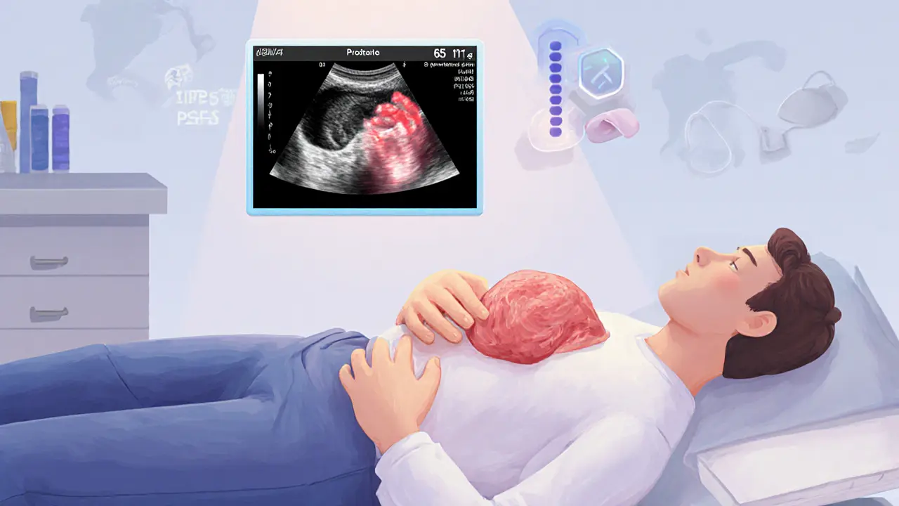 Уролог осматривает простату через прямую кишку, на экране — УЗИ увеличенной железы.