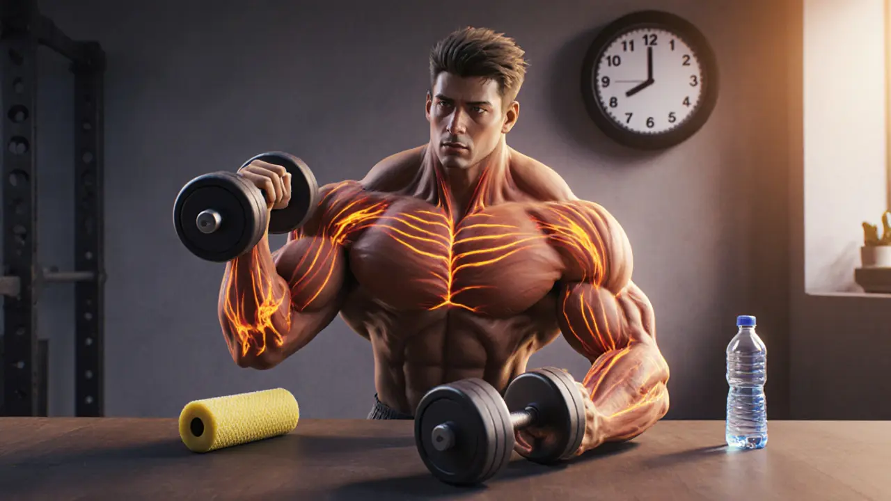 Атлет выполняет пампинг-подходы после негативных повторений, визуализация восстановления мышц.