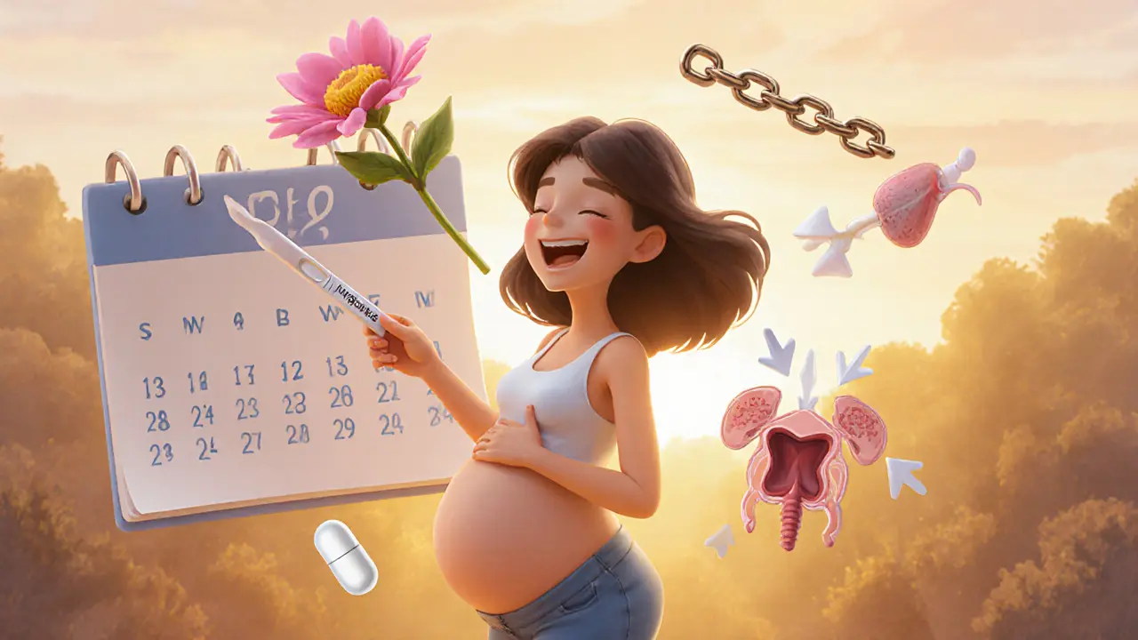 Беременная женщина с положительным тестом, вокруг — символы восстановления фертильности.