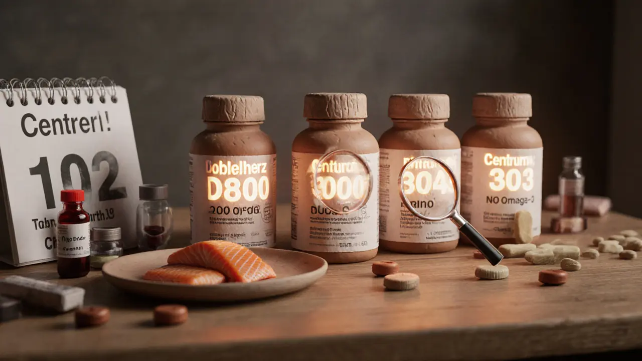 На кухонном столе разложены бутылки витаминов с выделенными различиями в составе, рядом — анализ крови и рыба.