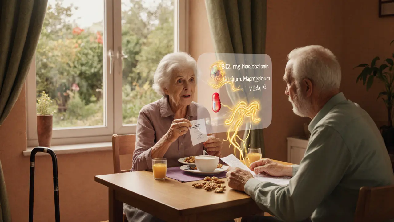 Пожилая пара завтракает, принимая витамины, над ними прозрачные потоки питательных веществ, ведущие к их телу.