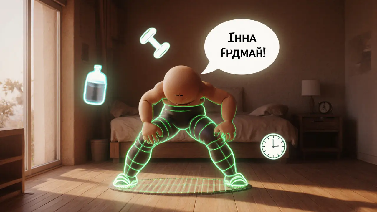 Человек делает приседания с AR-подсказками о правильной технике в домашней обстановке.