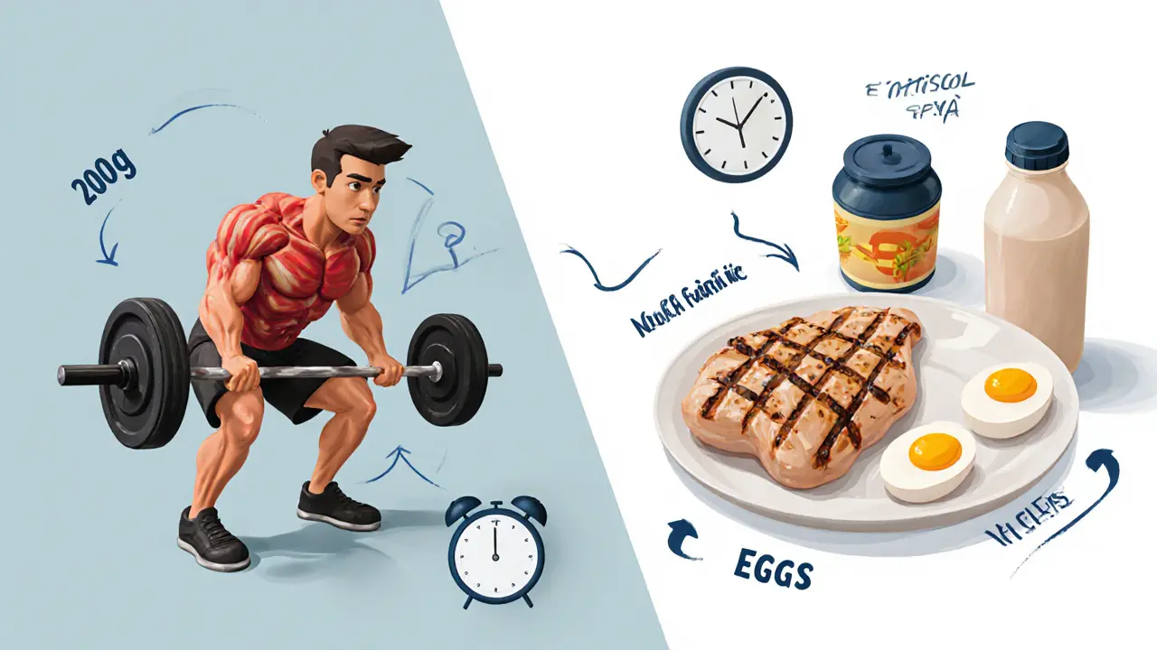 Человек делает приседания с штангой, рядом — тарелка с белковой пищей и протеиновым коктейлем.