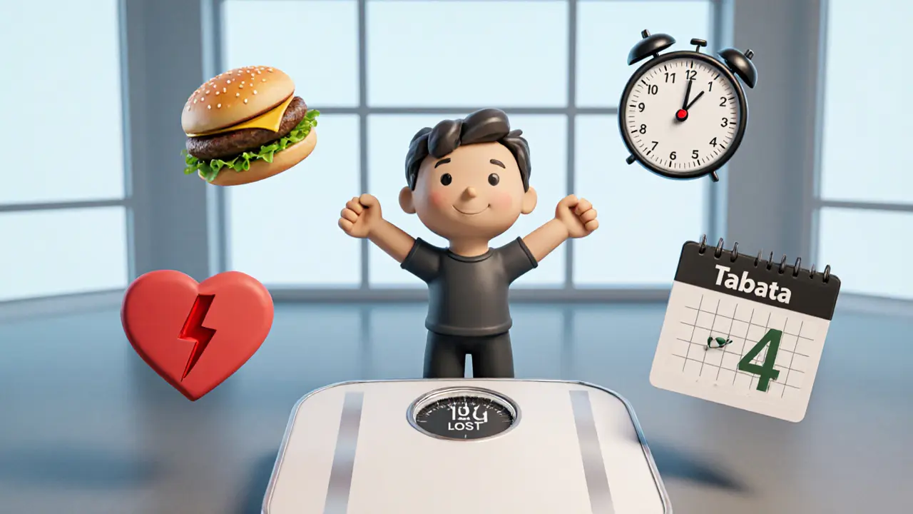 Человек стоит на весах с отметкой 4 кг, вокруг — символы питания, сердца и времени, без текста.