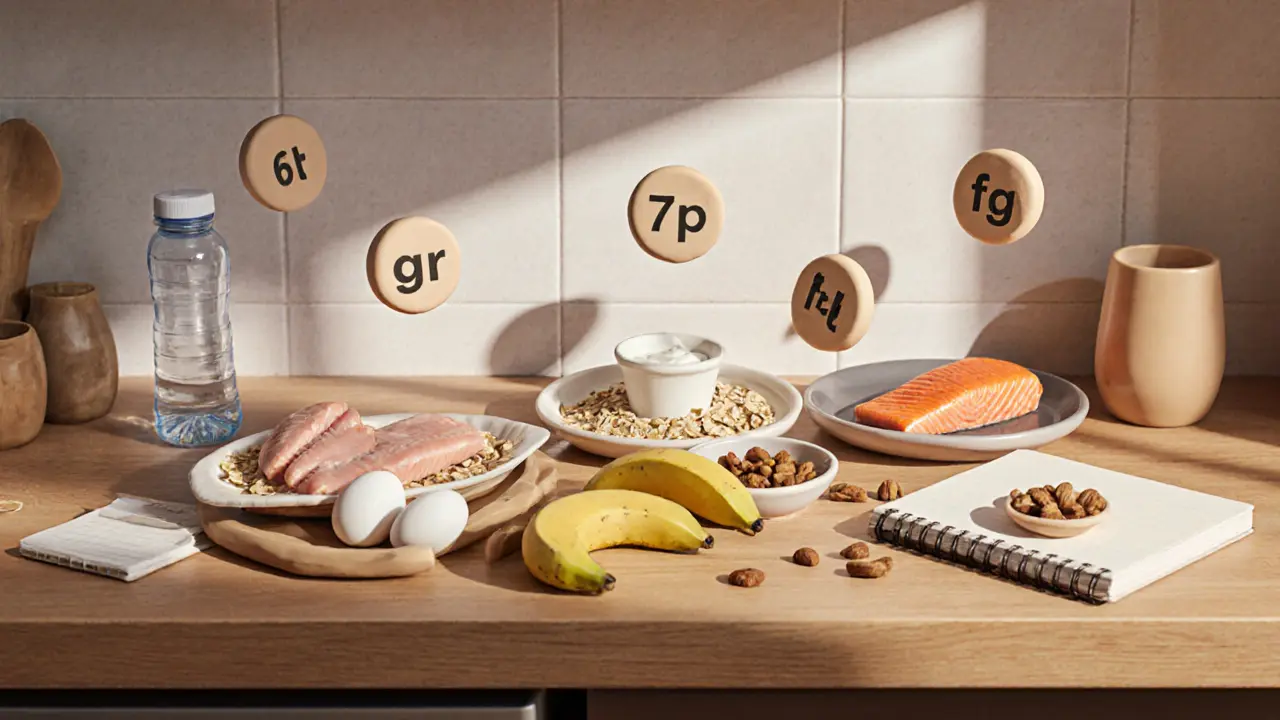 На кухонном столе разложены полезные продукты для набора мышечной массы: овсянка, яйца, курица, лосось, йогурт.