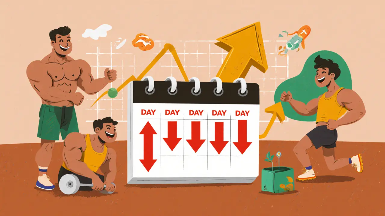 Недельный график питания: три дня дефицита, один день восстановления с тренировками и отдыхом.