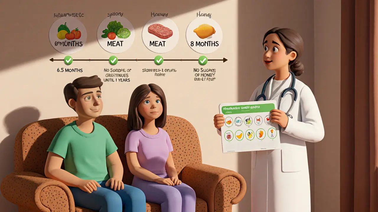 Педиатр объясняет родителям поэтапное введение прикорма по графику с акцентом на грудное вскармливание.