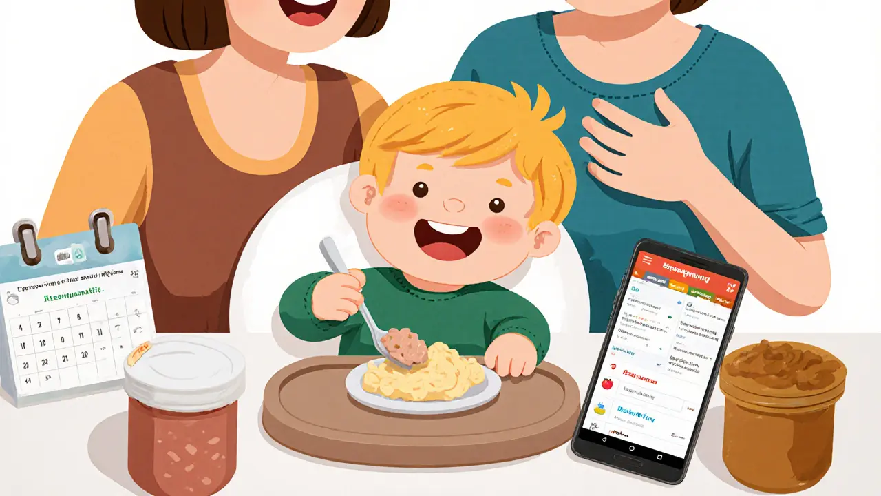 Ребенок ест индейку в высоком стульчике, рядом мама кормит грудью, на телефоне — приложение для прикорма.