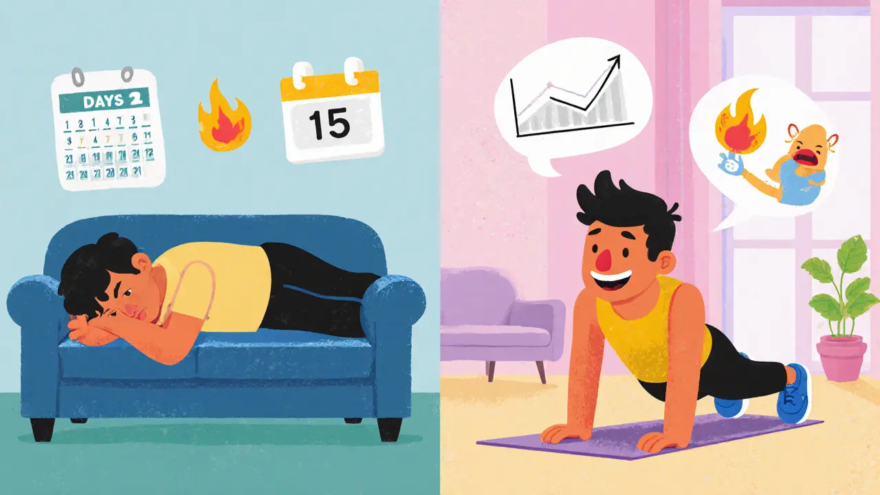 Сравнение до и после 15 дней домашних тренировок с графиком прогресса.