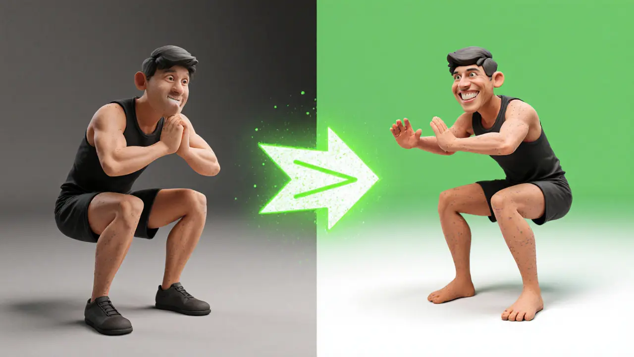 Сравнение двух состояний: человек с жесткой лодыжкой и поднятыми пятками — и с гибкой лодыжкой в глубоком приседе.