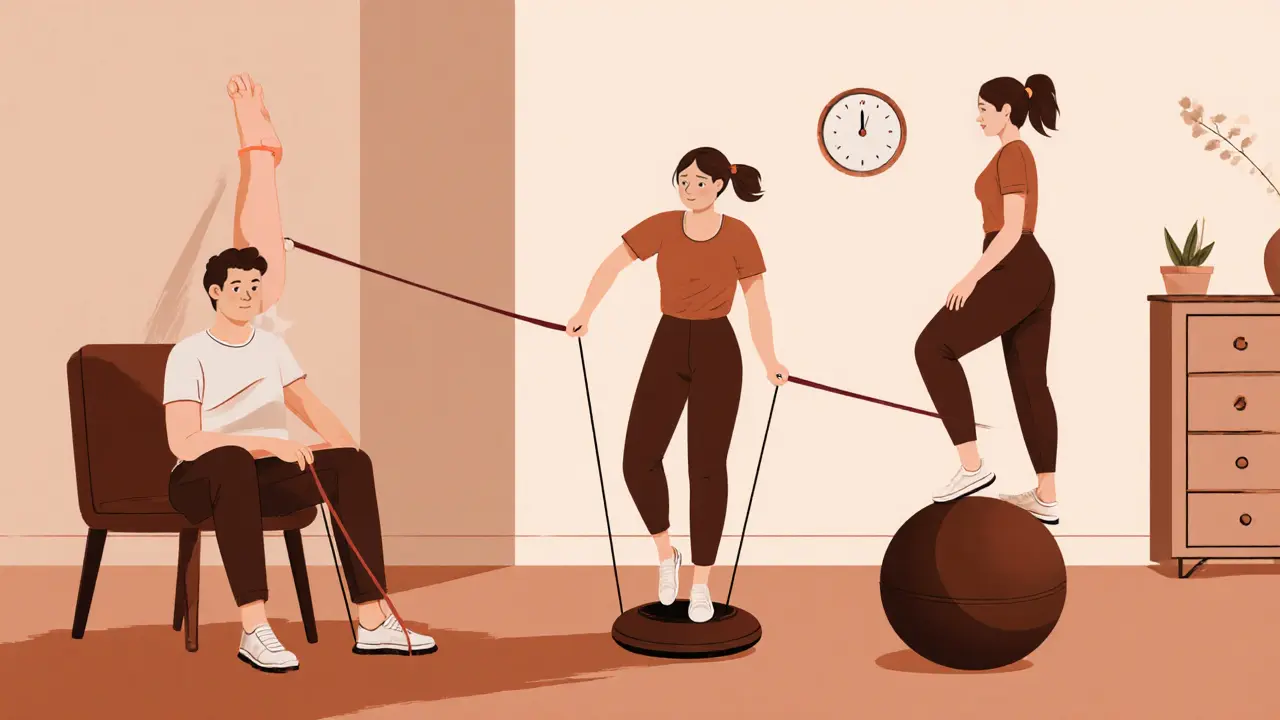 Три человека выполняют упражнения для подвижности лодыжки: с резинкой, у стены и на балансировочном диске.