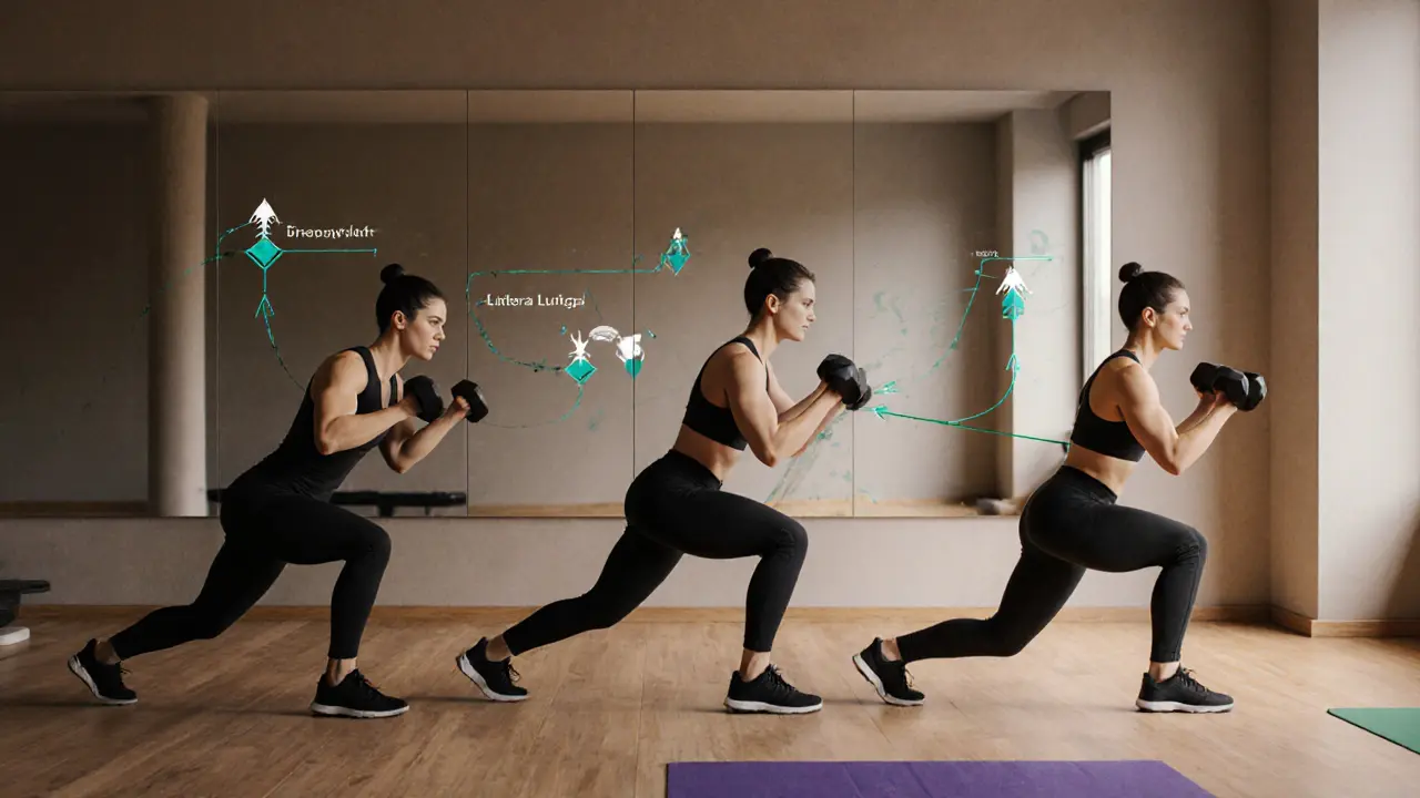 Три этапа прогрессии: боковые выпады без веса, с лентой и с гантелями.