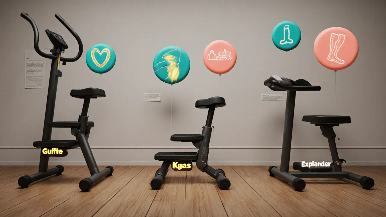 Три типа степперов на полу с подсвеченными мышцами, задействованными при тренировке.