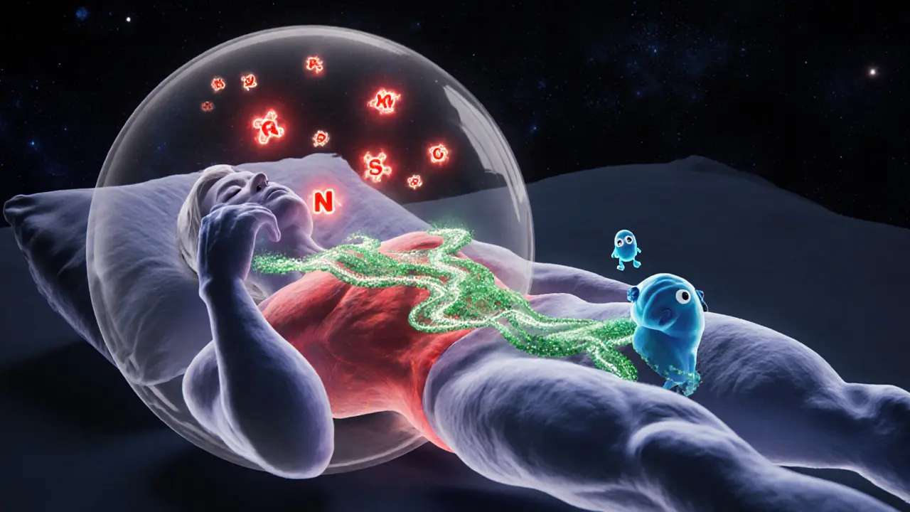 Внутреннее представление восстановления тела: гормоны, энергия и стресс в виде светящихся элементов.
