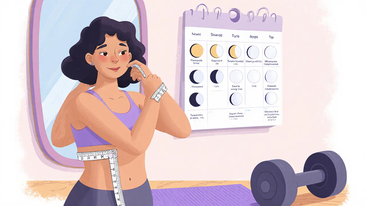 Женщина измеряет объемы перед зеркалом, на стене календарь с фазами менструального цикла.