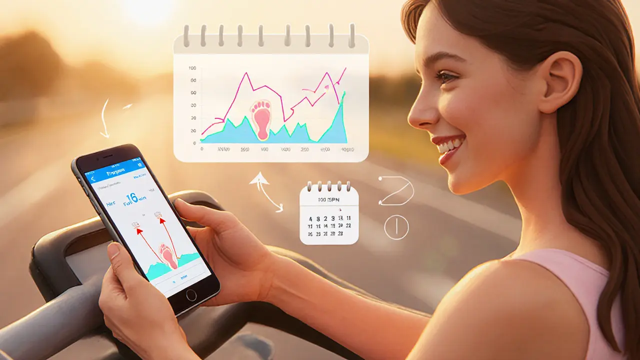 Женщина тренируется на умном степпере с ИИ-подсказками на экране телефона.