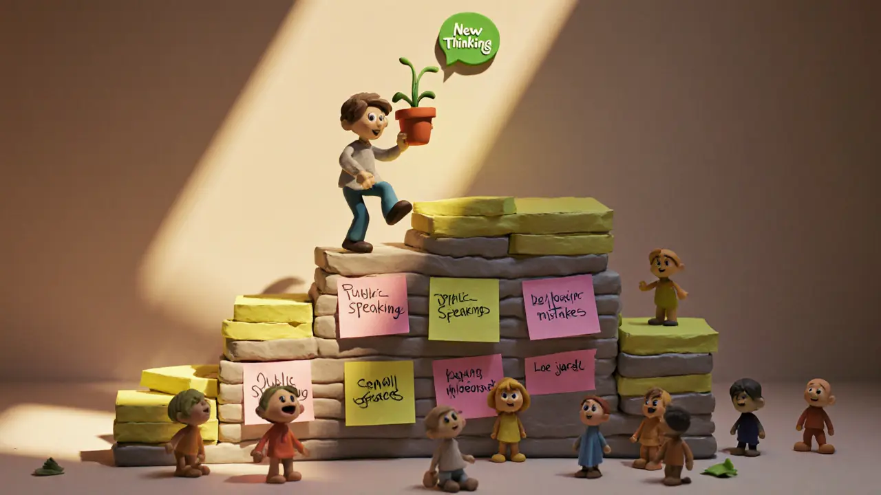 Человек поднимается по лестнице из заметок со страхами, достигает света с растением.