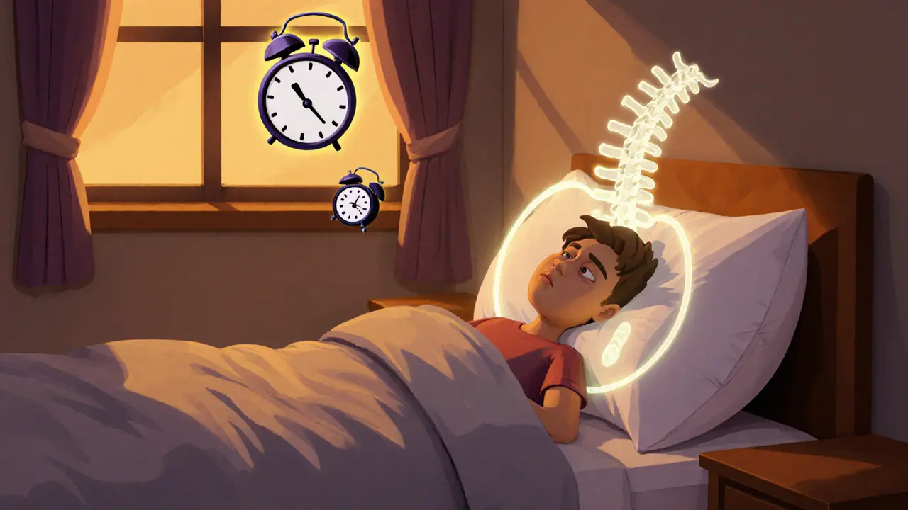 Человек спит на ортопедической подушке, шея правильно выровнена, на полу лежит сломанный будильник — утро без боли.