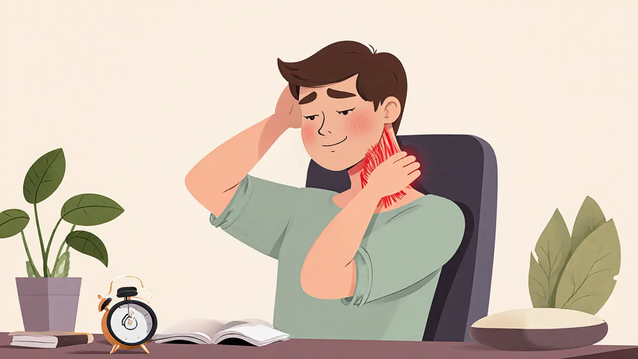 Человек выполняет упражнения для шеи в кресле, мышцы светятся, на столе — таймер, рядом лежит ортопедическая подушка.