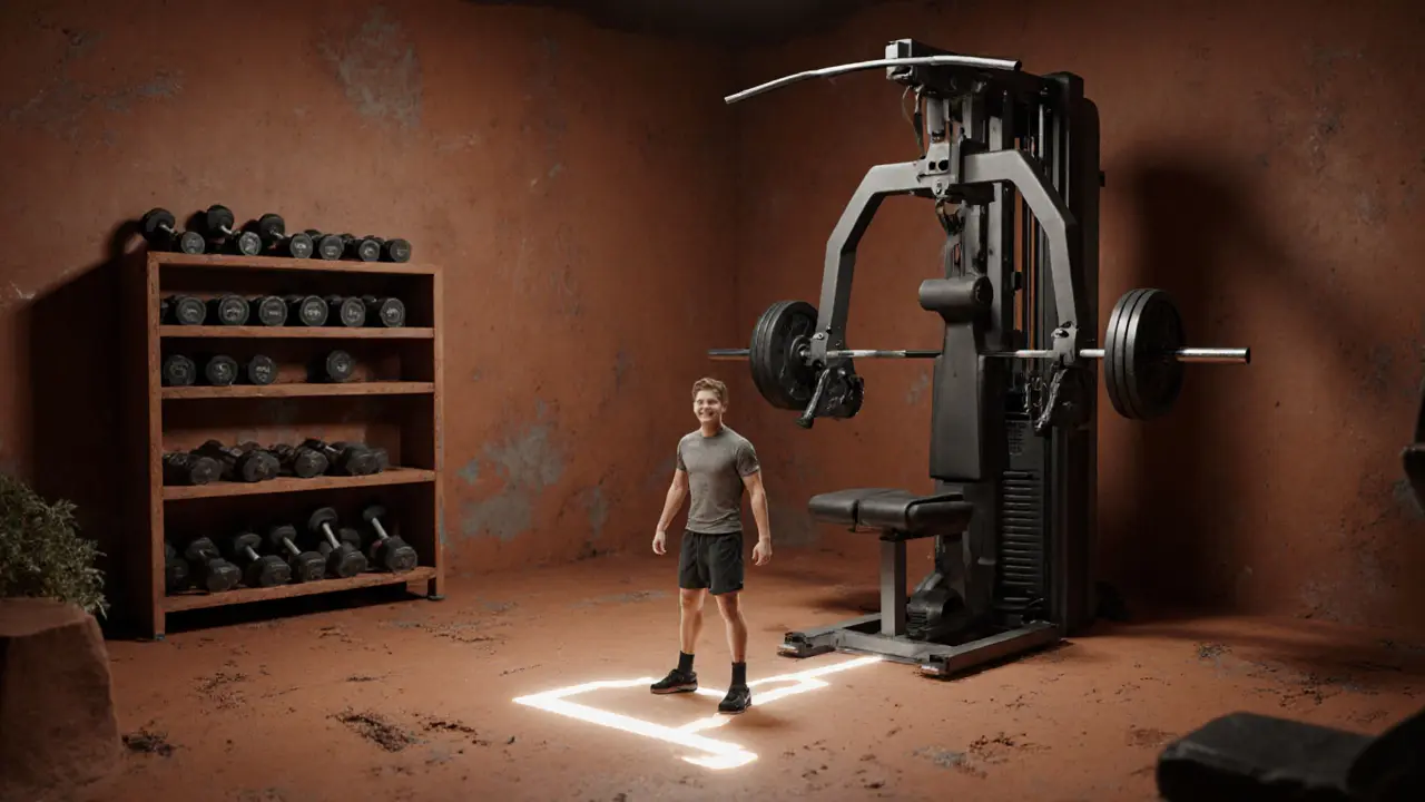 Домашний зал: компактные гантели и громоздкий тренажер, над полом — проекция правильной траектории.