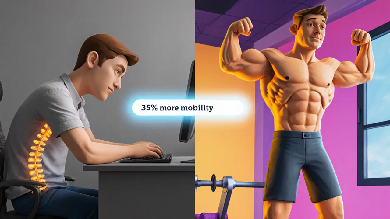 Двухчастная иллюстрация: слева — сутулая поза за компьютером, справа — свободная растяжка плеч, между ними прогресс.