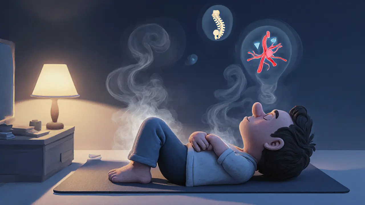 Мужчина лежит на коврике, прижимая колени к груди, мягкий свет подчеркивает расслабление и снятие напряжения.