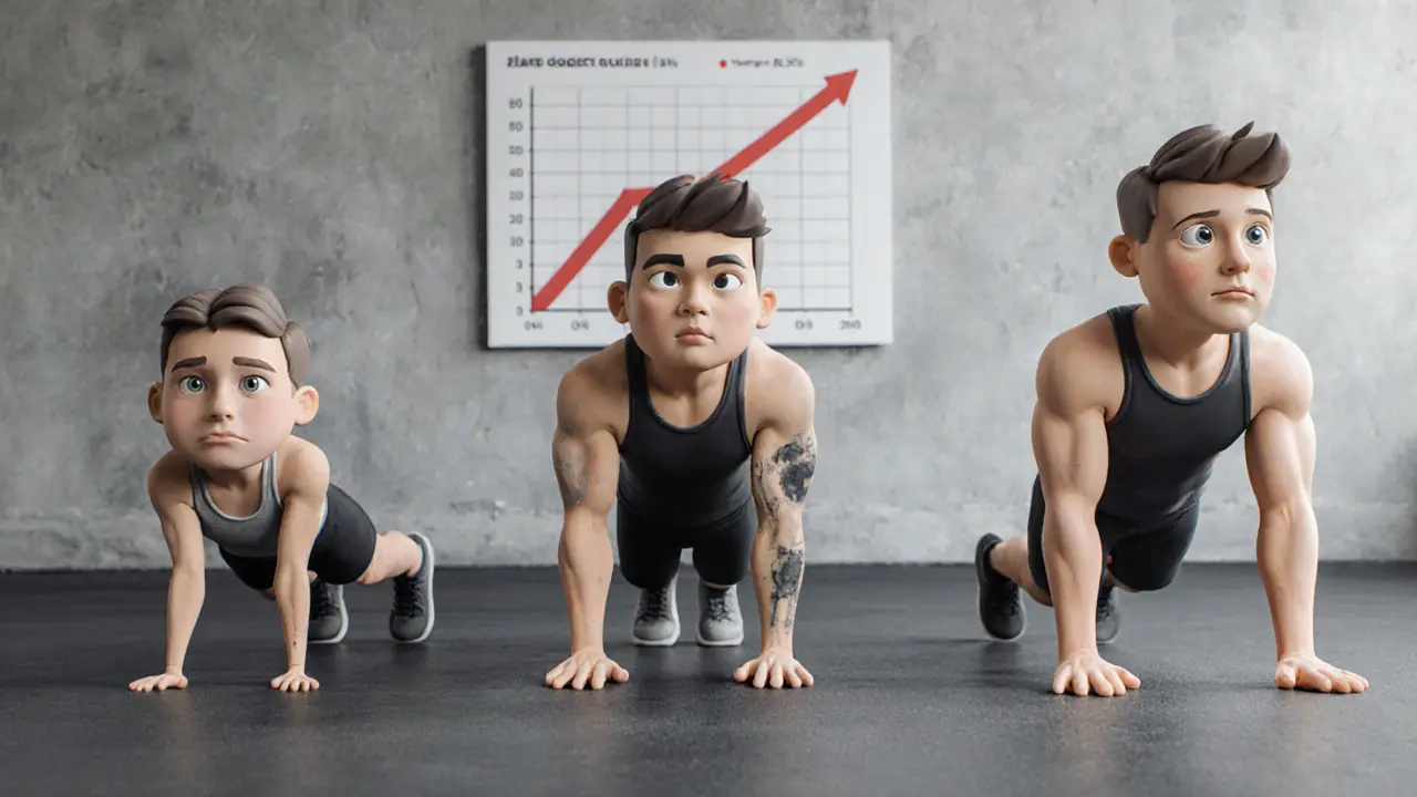 Прогресс новичка от шага назад к полному берпи с ростом выносливости на графике.