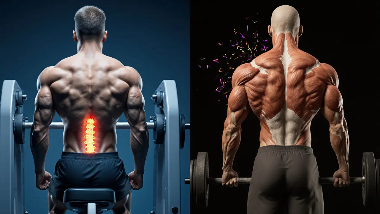 Сравнение тяги: на тренажере — безопасно и контролируемо, со штангой — активны спина и кор.