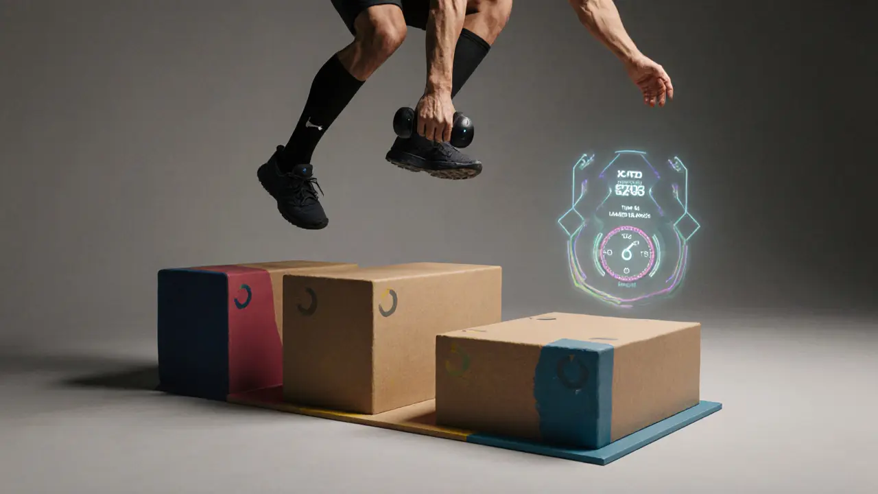 Атлет прыгает между уровнями умного плиобокса с цифровой обратной связью.