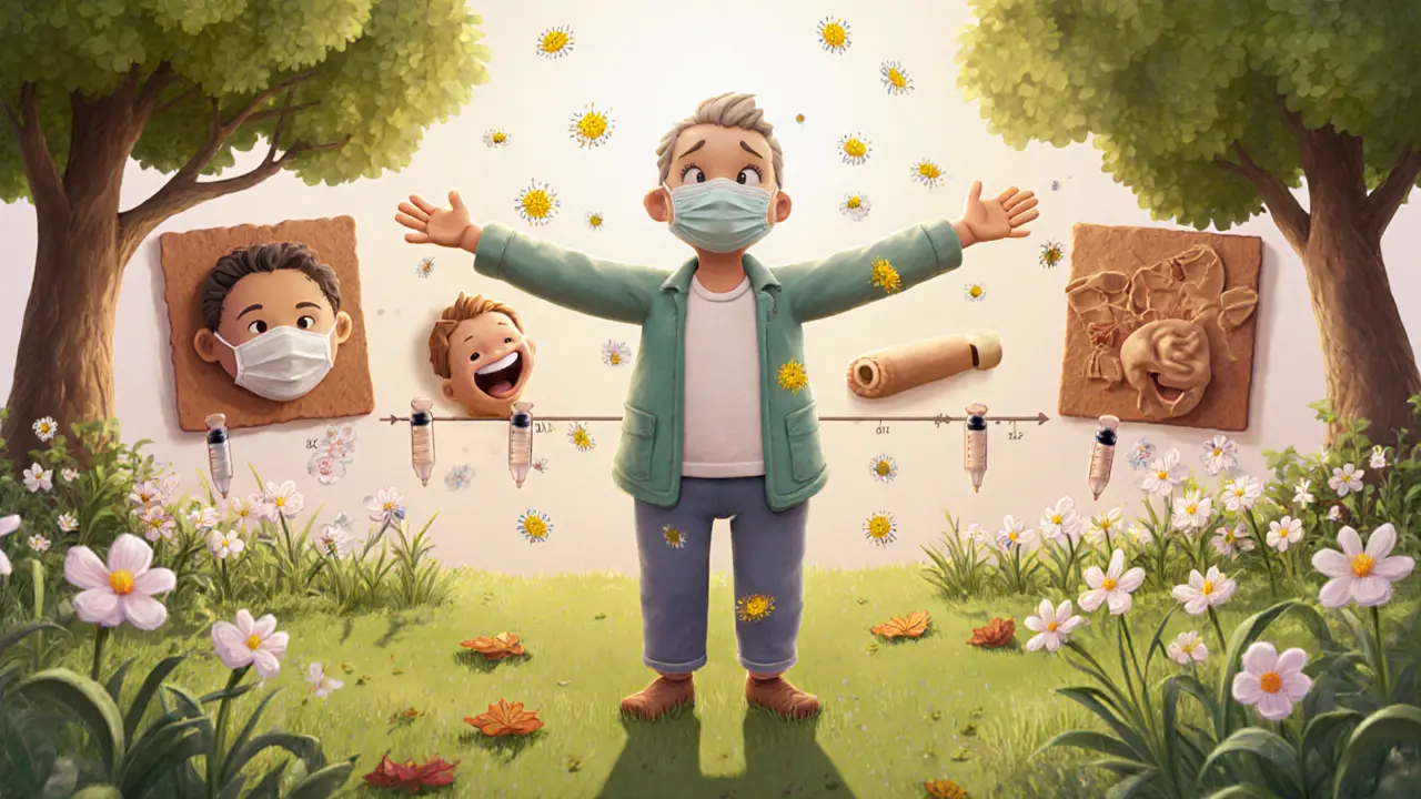 Человек в парке смеется, пыльца летит вокруг без вреда, символизируя выздоровление.