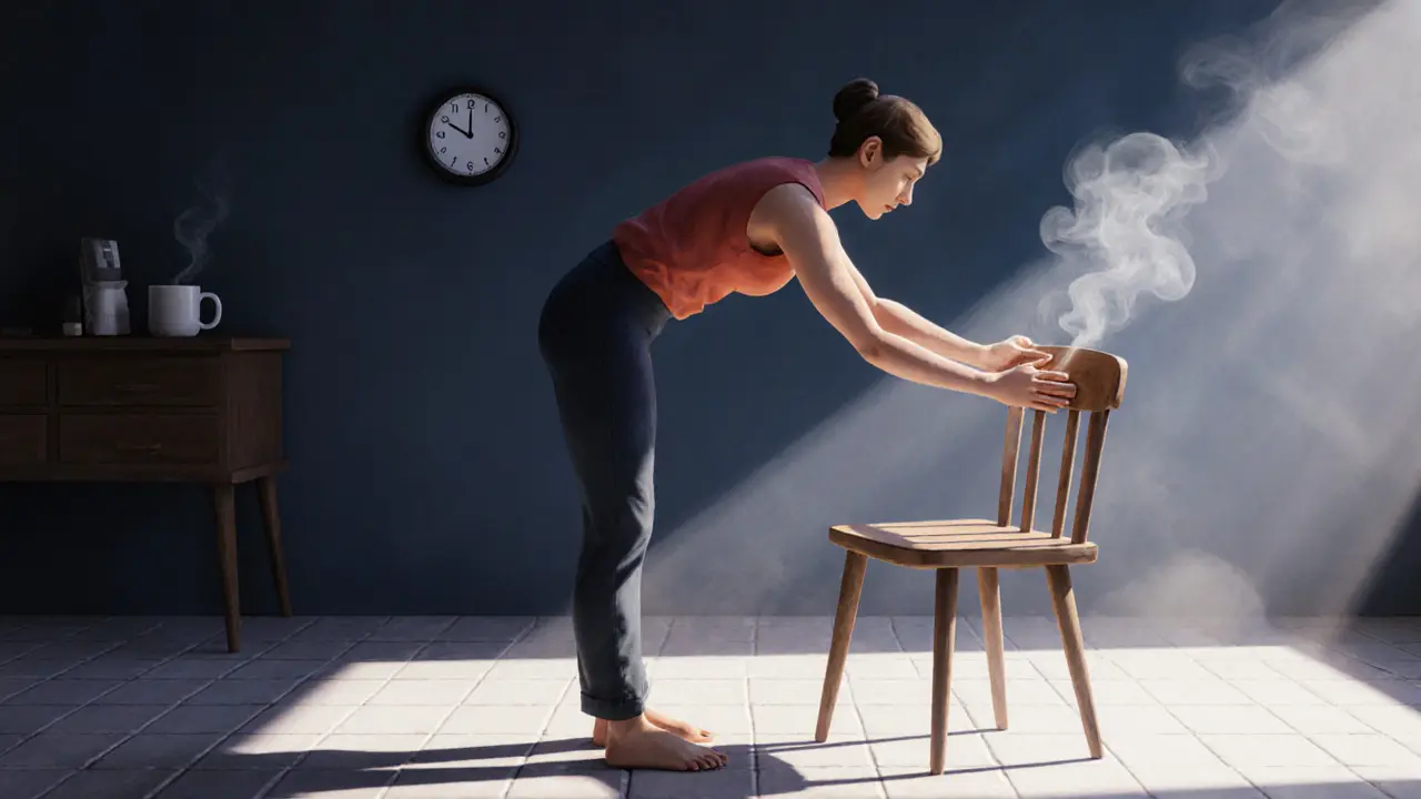 Человек в позе собаки мордой вниз, опираясь на спинку стула, вытягивая спину.