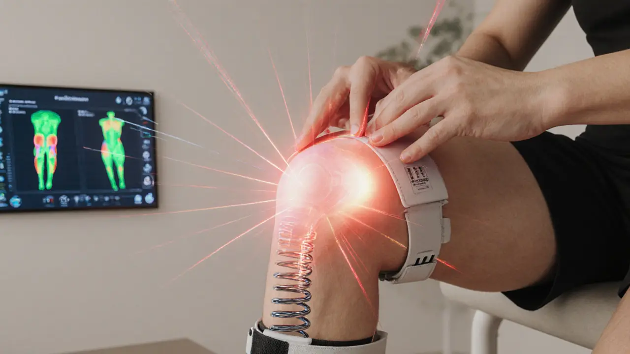 Пациент с бандажом на колене проходит миофасциальный релиз с цифровым монитором напряжения.