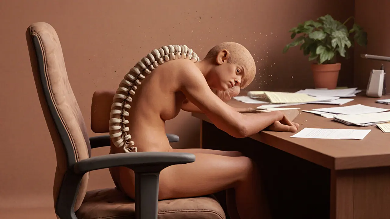 Работник вращает корпус на стуле, выполняя скручивание с улыбкой спокойствия.