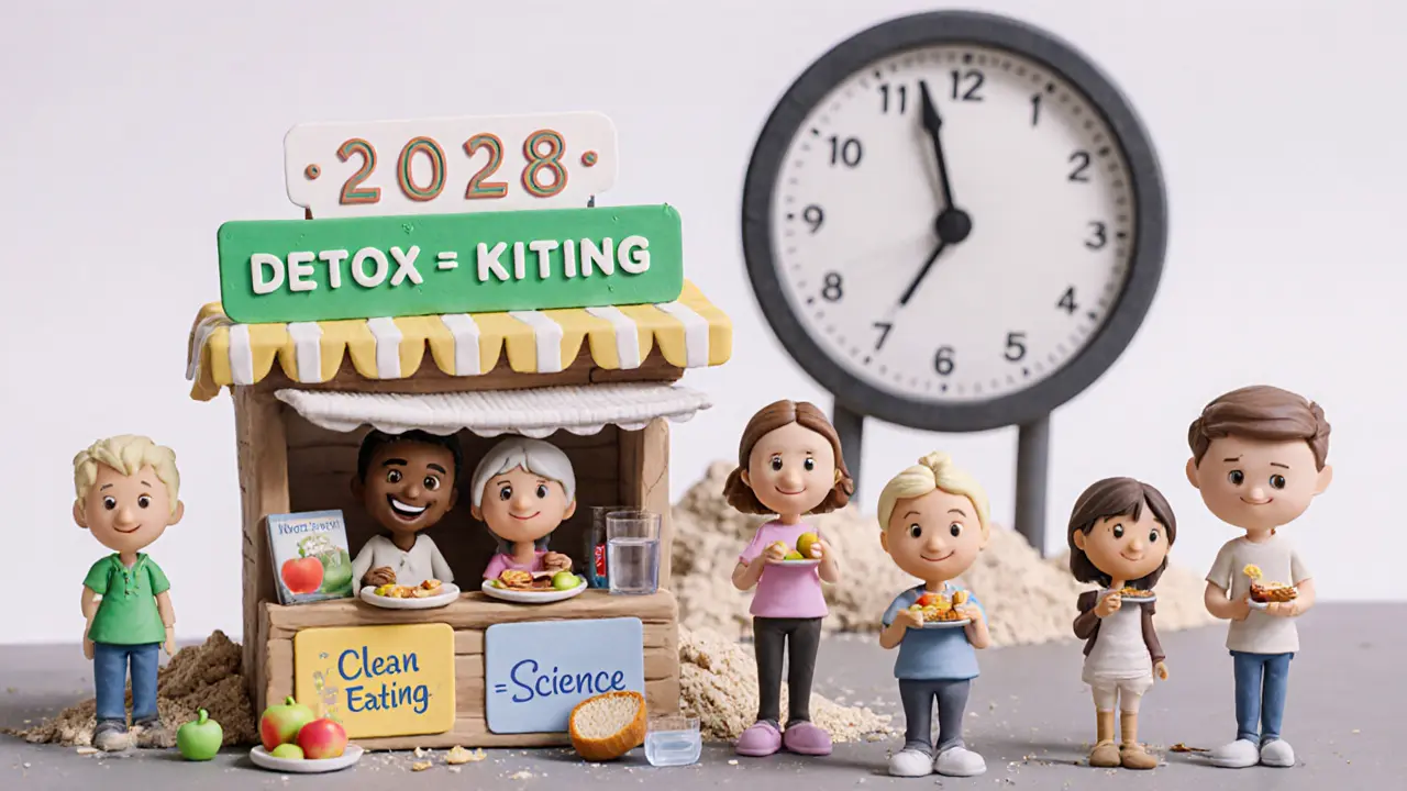 Рынок детокс-продуктов рушится, а люди выбирают простое, здоровое питание — сцена в глиняной стилистике.