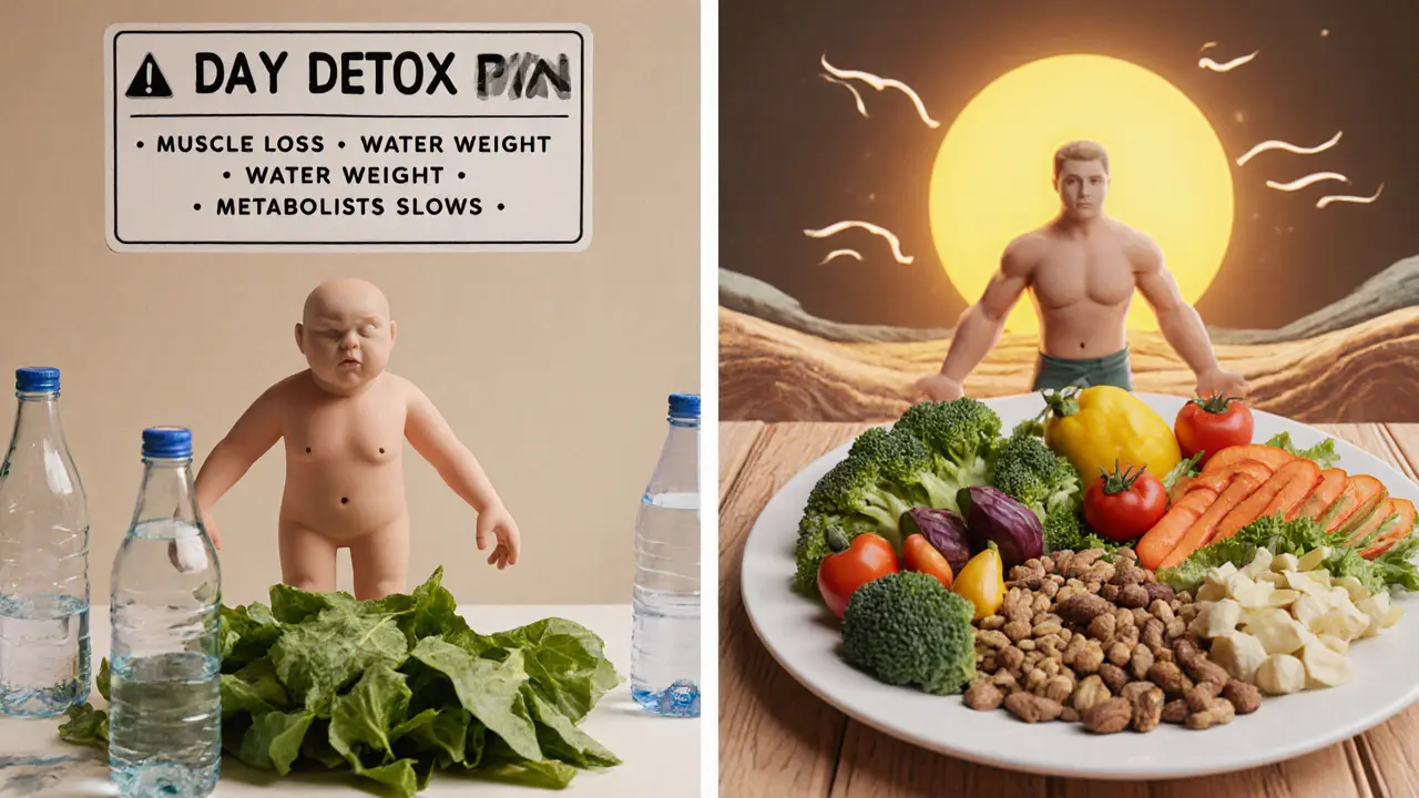 Сравнение детокса и здорового питания: слева — истощение, справа — сияющая энергия от сбалансированной еды.